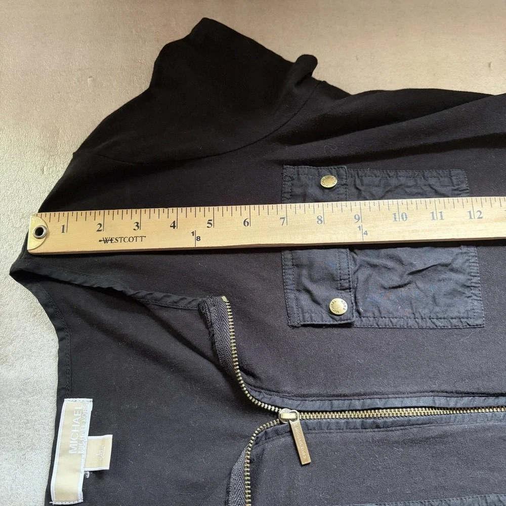Michael Kors Shirt Women L Black Utility Short Sleeve Gold Zipper Flap Pockets